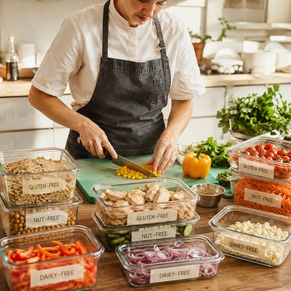 Cook using color-coded cutting board and labeled containers to prevent cross-contact with common dietary restrictions