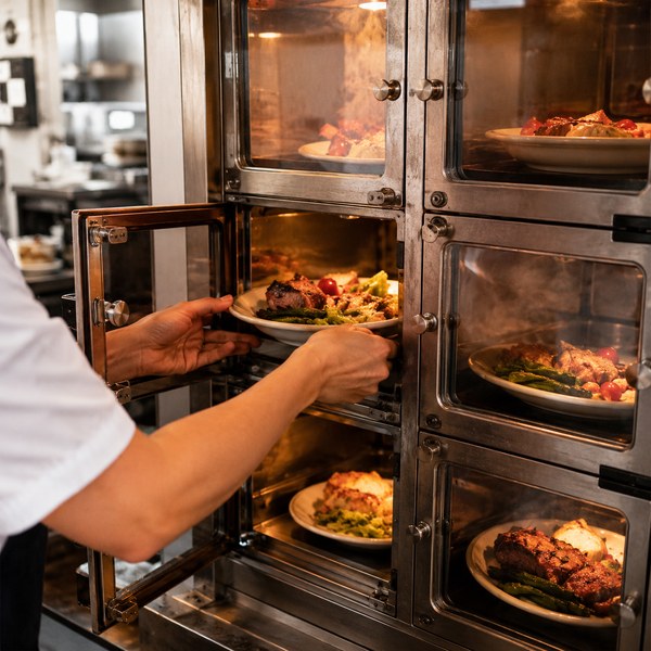 Heated food locker compartments being restocked in an automat restaurant kitchen