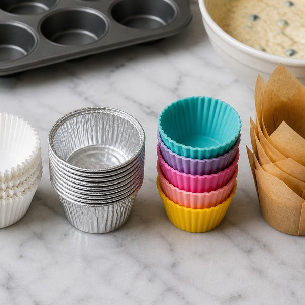 Paper, foil, silicone, and tulip baking cups arranged side by side on a bakery counter with cupcakes