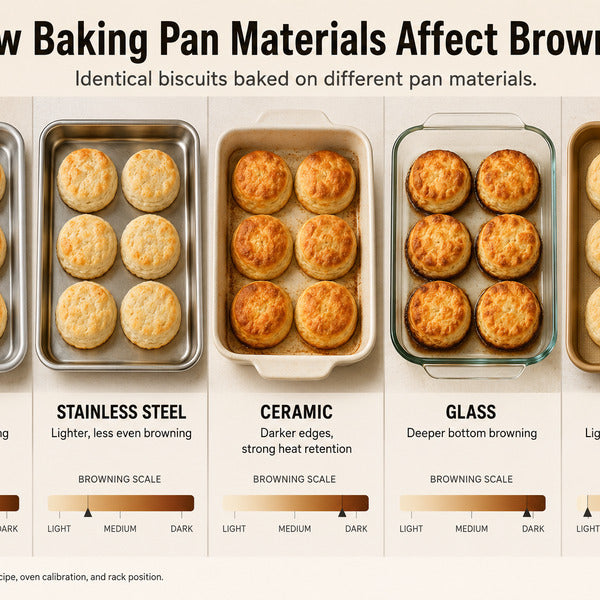 Side-by-side comparison of aluminum, stainless steel, ceramic, glass, and silicone baking pans showing browning differences on identical biscuits