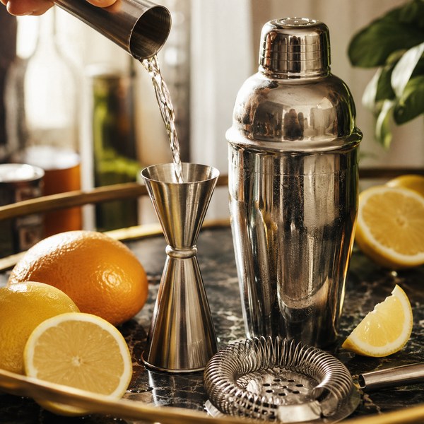 Bar cart setup close-up: jigger measuring a pour beside a cocktail shaker, strainer, and fresh citrus