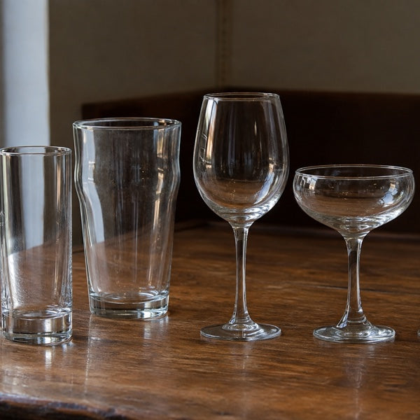 Bar glassware types lined up on a back bar, rocks, highball, pint, wine, coupe and flute