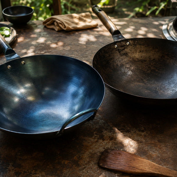 Blue carbon steel wok next to a pre-seasoned black carbon steel wok showing surface color difference