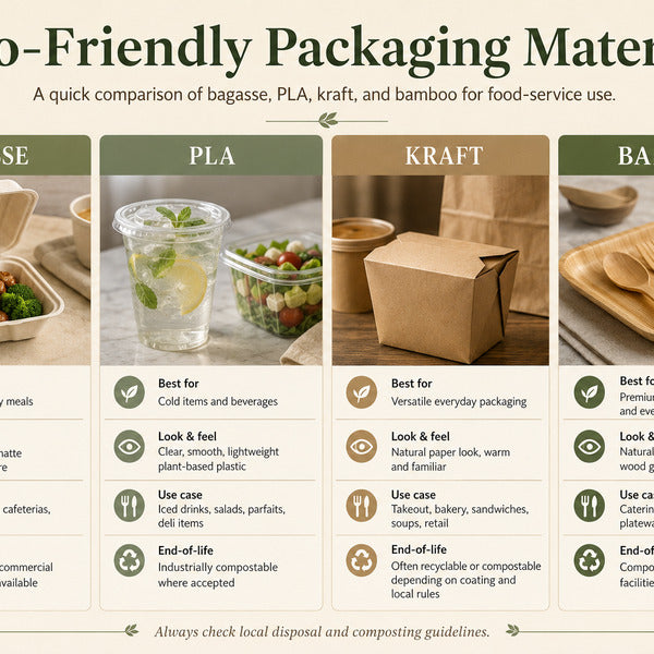 Compostable bagasse clamshell and kraft takeout box on a stainless counter