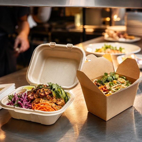 BPI-certified compostable to-go containers in use on a restaurant pass, illustrating compostable vs biodegradable choices