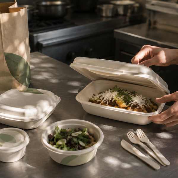 Guest unboxing branded compostable takeout packaging from a restaurant delivery order