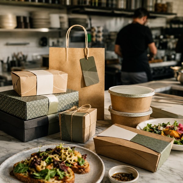 Branded takeout containers, labels, and gift boxes showing food packaging design in a working restaurant