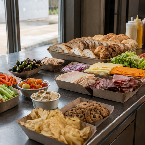 Build-your-own sandwich station with deli meats, cheeses, and sides for a catered event