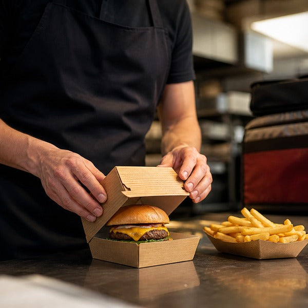 Cook packing a takeout burger box in a restaurant kitchen for delivery