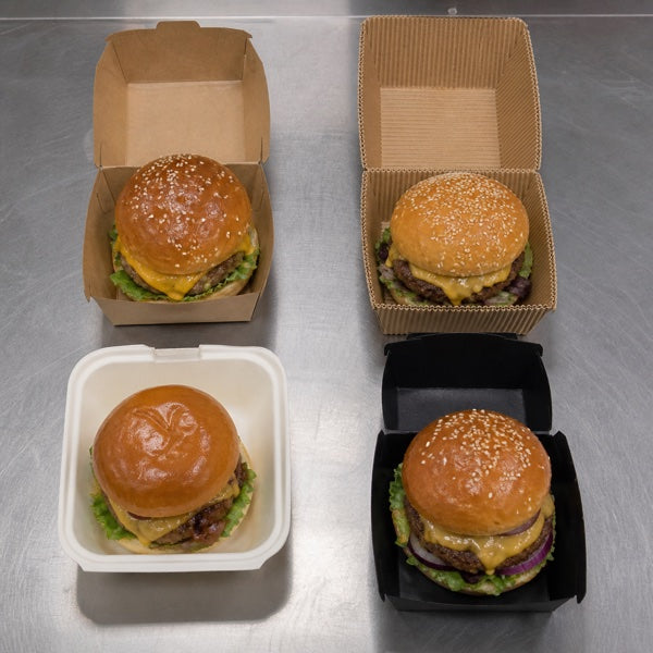 Four types of burger boxes for takeout: kraft clamshell, corrugated, bagasse, and black paper burger box