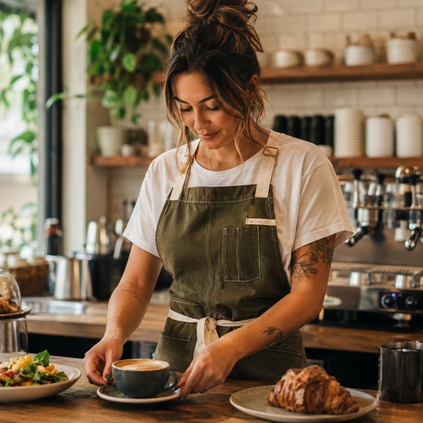 Barista wearing a branded cross-back canvas apron — cafe restaurant uniforms that balance individuality and brand