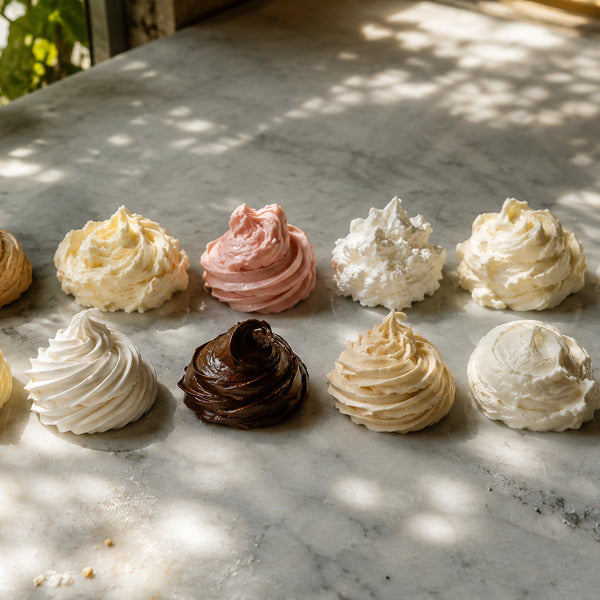 Twelve types of cake frostings piped side by side, including American buttercream, Swiss meringue buttercream, chocolate ganache, cream cheese frosting, whipped cream, and royal icing