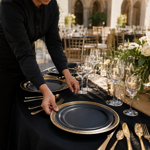Caterer arranging fancy disposable plates and matched cutlery at an upscale event venue