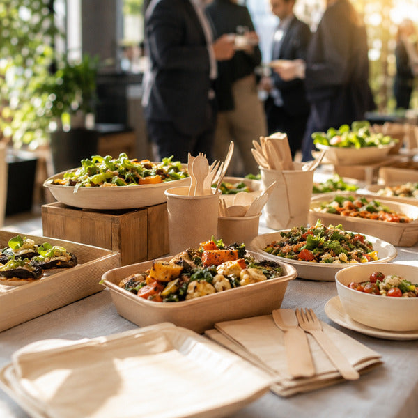 Catering trends 2026: sustainable buffet station with eco-friendly disposables at a corporate event