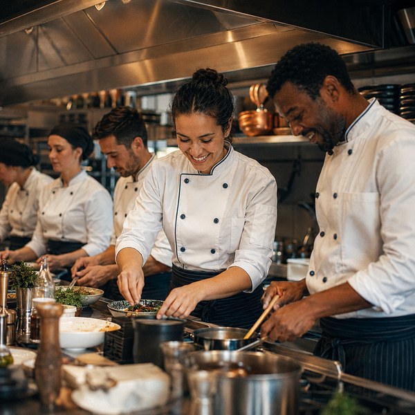 Kitchen brigade in matching branded chef coats — restaurant uniforms building visible team identity