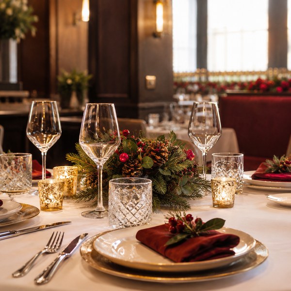 Holiday tablescape with Christmas napkins, low centerpiece, and votive candles at a restaurant table