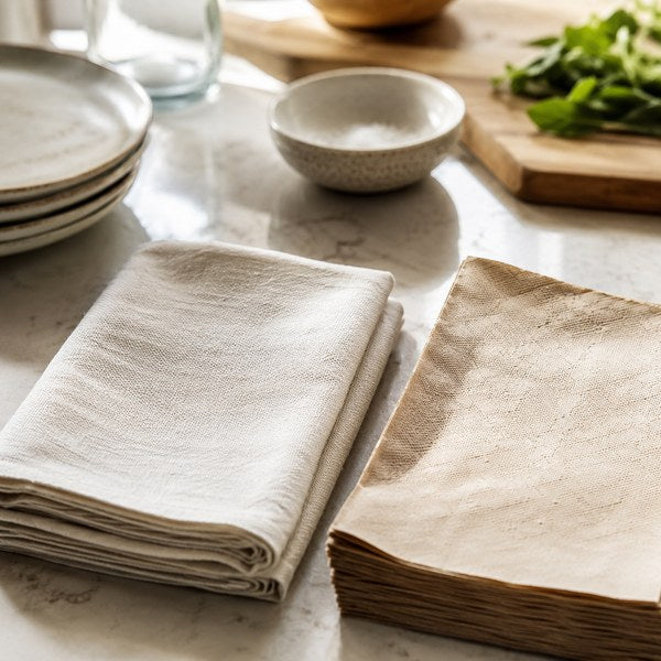 Cloth napkin and recycled paper eco friendly napkins side by side on a restaurant prep table