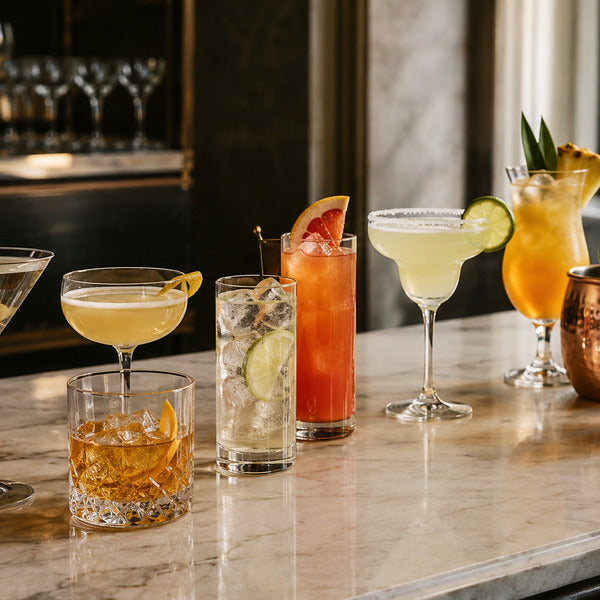 Glassware for the most popular cocktails, from martini glasses to copper mule mugs