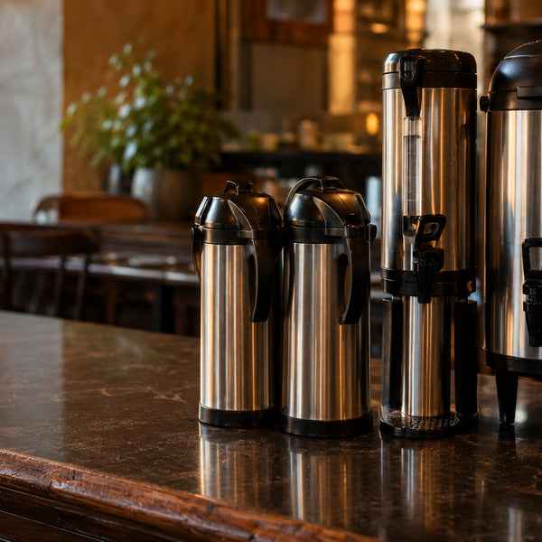 Commercial coffee dispensers including airpots, urns, and satellite dispensers on a cafe counter
