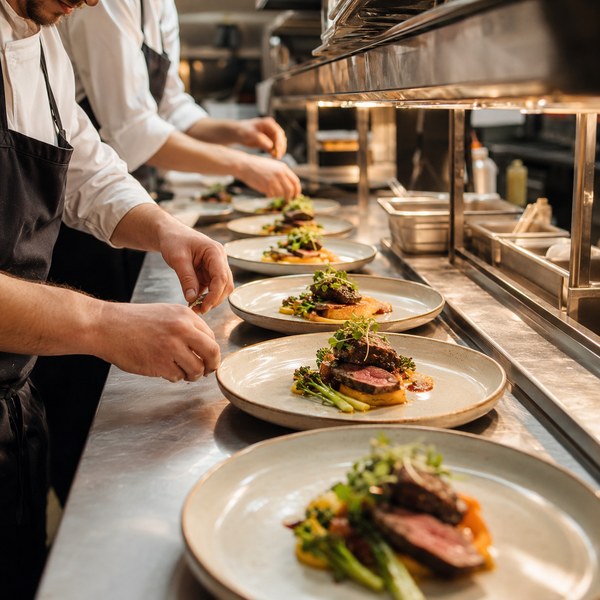 Line cooks executing consistent food plating presentation at a commercial kitchen pass