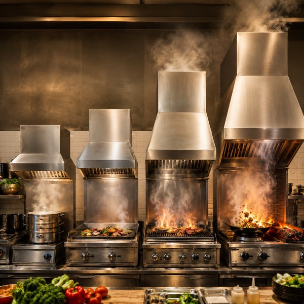 Chart matching commercial kitchen ventilation CFM rates to light, medium, heavy, and extra-heavy duty equipment