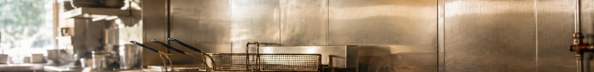 Stainless commercial kitchen ventilation hood over a high-heat cooking line with charbroiler and fryers