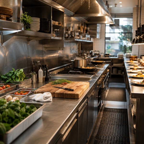 Commercial kitchen station setup showing one-directional workflow for kitchen efficiency