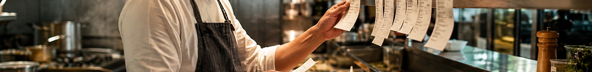 Chef reviewing common dietary restrictions tickets and allergen labels in a restaurant kitchen