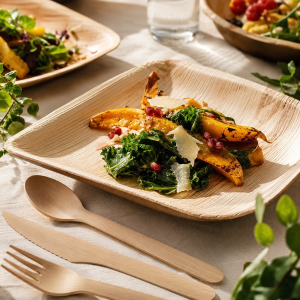 Compostable birchwood cutlery and palm leaf plates as scalable alternatives to edible cutlery