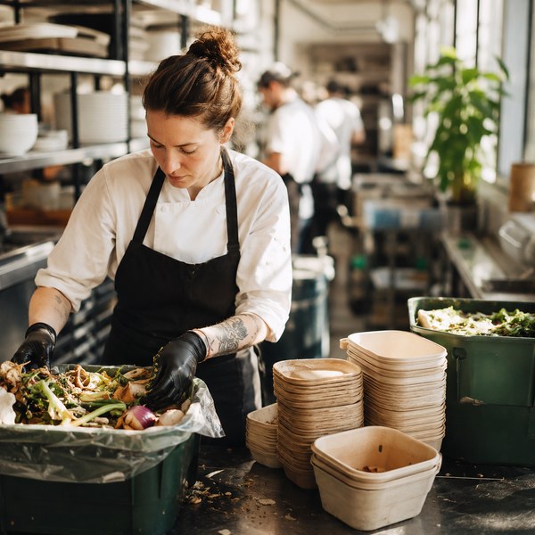 Operator sorting kitchen waste next to compostable containers — food waste is a leading foodservice industry trend focus