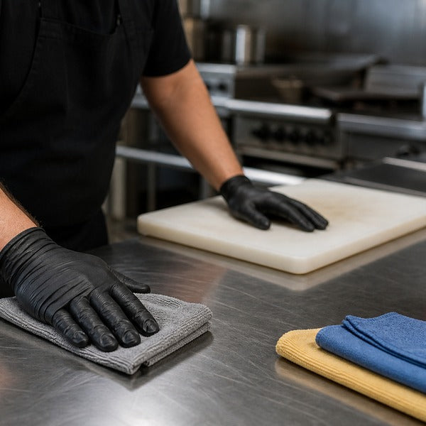 Restaurant kitchen staff sanitizing prep surfaces during daily cleaning