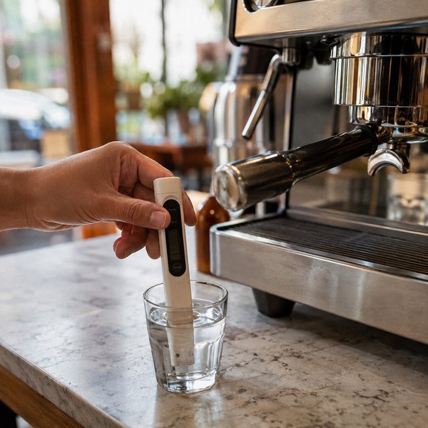 Digital TDS meter checking filtered water feeding an espresso machine in a restaurant