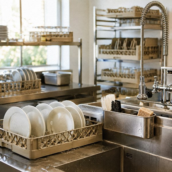 Dish drying racks and sink caddy organizing a water-efficient commercial dish room workflow