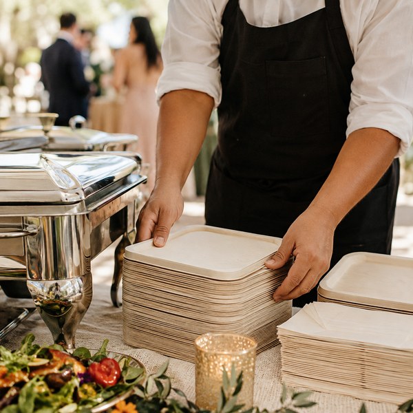 Caterer stacking disposable wedding plates at a buffet station during a reception