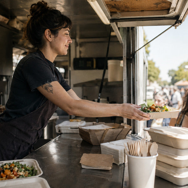 Eco-friendly food truck serving customers with compostable supplies and sustainable packaging
