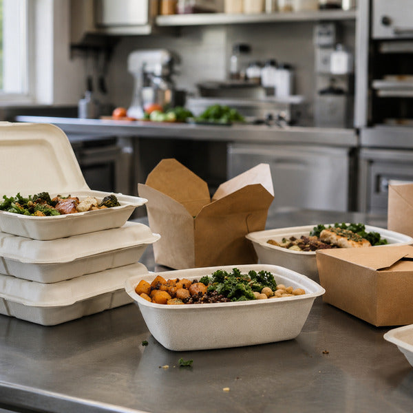 Compostable takeout containers and kraft to-go boxes for an eco-friendly ghost kitchen