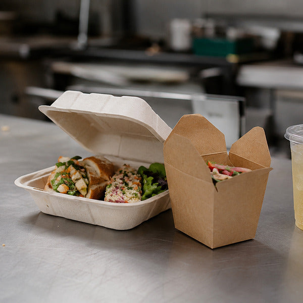 Infographic comparing eco-friendly packaging materials: bagasse, PLA, kraft, and bamboo