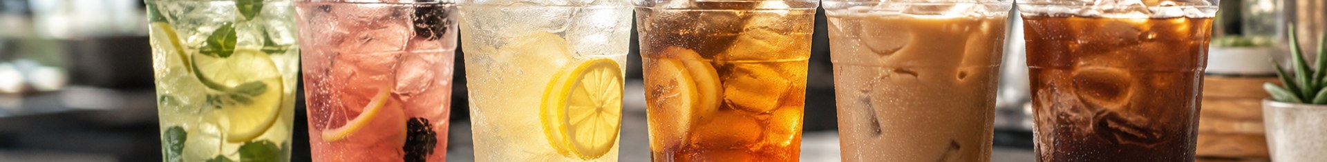 Clear eco-friendly plastic cups filled with iced drinks lined up on a cafe counter