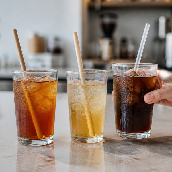 Operator testing eco friendly straws in iced drinks to compare paper, PHA, and sugarcane durability