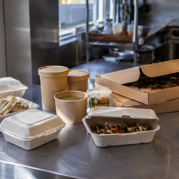 Restaurantware eco-friendly to-go containers, compostable soup containers, and eco pizza boxes lineup