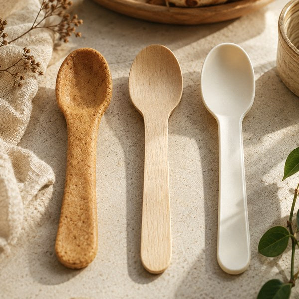 Edible cutlery spoon next to birchwood and CPLA compostable cutlery for cost comparison
