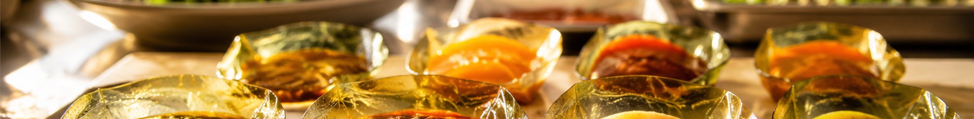 Edible food packaging pods made from seaweed film holding sauces on a prep counter
