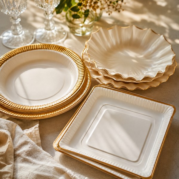Elegant disposable tableware styles side by side — gold-rimmed, rectangular, and rippled fancy disposable plates