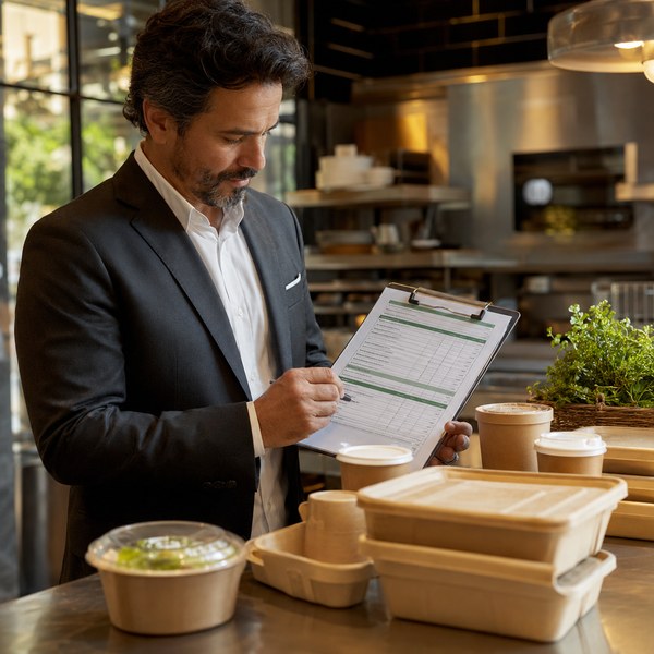 Restaurant manager reviewing an ESG food reporting checklist on a clipboard beside compostable packaging