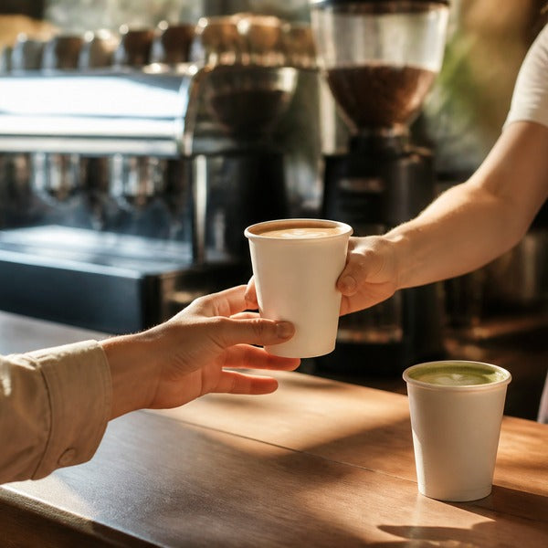 Barista serving espresso drinks in double-wall glass espresso cups at a cafe bar with a stainless steel knock box
