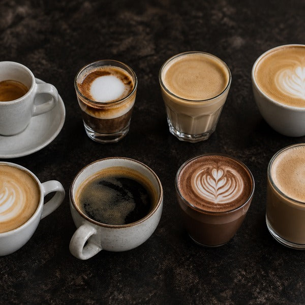 Espresso drinks chart comparing 15 types of espresso drinks by shot count, milk ratio, and cup size, from ristretto to latte
