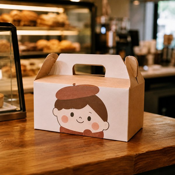 Bakery box with mascot face illustration on a café counter showing shelf appeal in product packaging design
