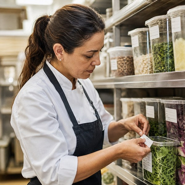 Chef applying FIFO date rotation labels to food storage containers to track food shelf life