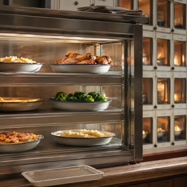 Commercial food warming cabinet staging batches for an automat restaurant locker wall — product in use
