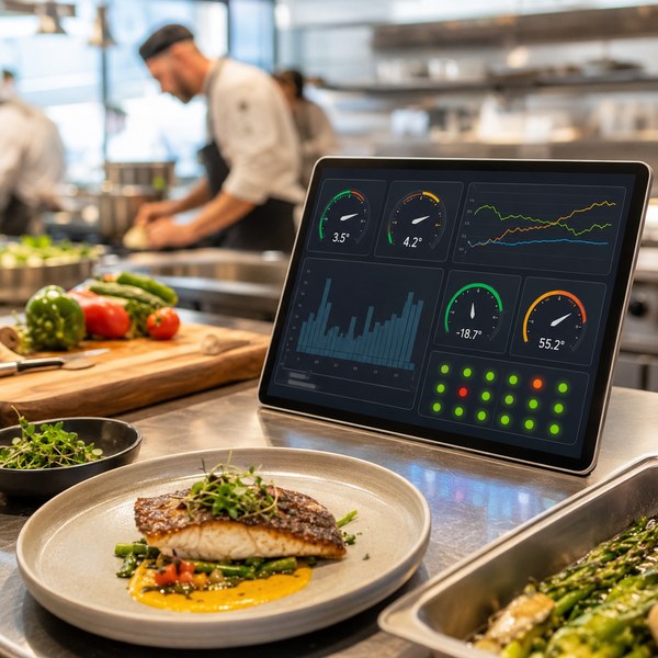 Food monitoring system dashboard showing real-time IoT temperature readings for a commercial kitchen